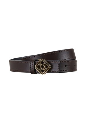Dark brown leather belt with matching stitching and a gold decorative square buckle featuring an intricate cut-out pattern.