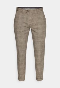 Wool check trousers in brown and beige with a slim fit. Features a button closure and polka dot patterned inner waistband.