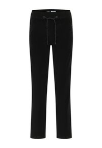 Zwarte broek van een zacht materiaal, met een elastische tailleband en een trekkoord, en twee zijzakken. Rechstreeks ontwerp.