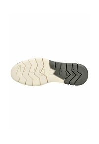 Schuhsohle mit einem Zickzackprofil, das an der Vorderseite in einem hellen Cremefarbton und an der Rückseite in einem dunklen Graugummi gehalten ist, strukturiert für besseren Grip.