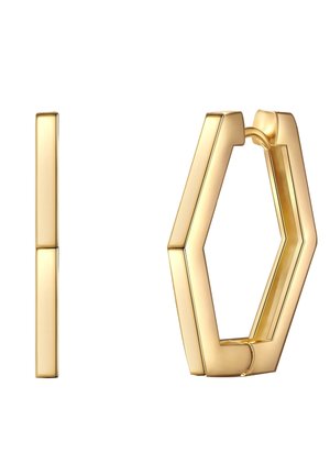 Gyldne hoop øreringe med et hexagonalt design, glat tekstur og poleret overflade, der fremhæver en moderne geometrisk stil.
