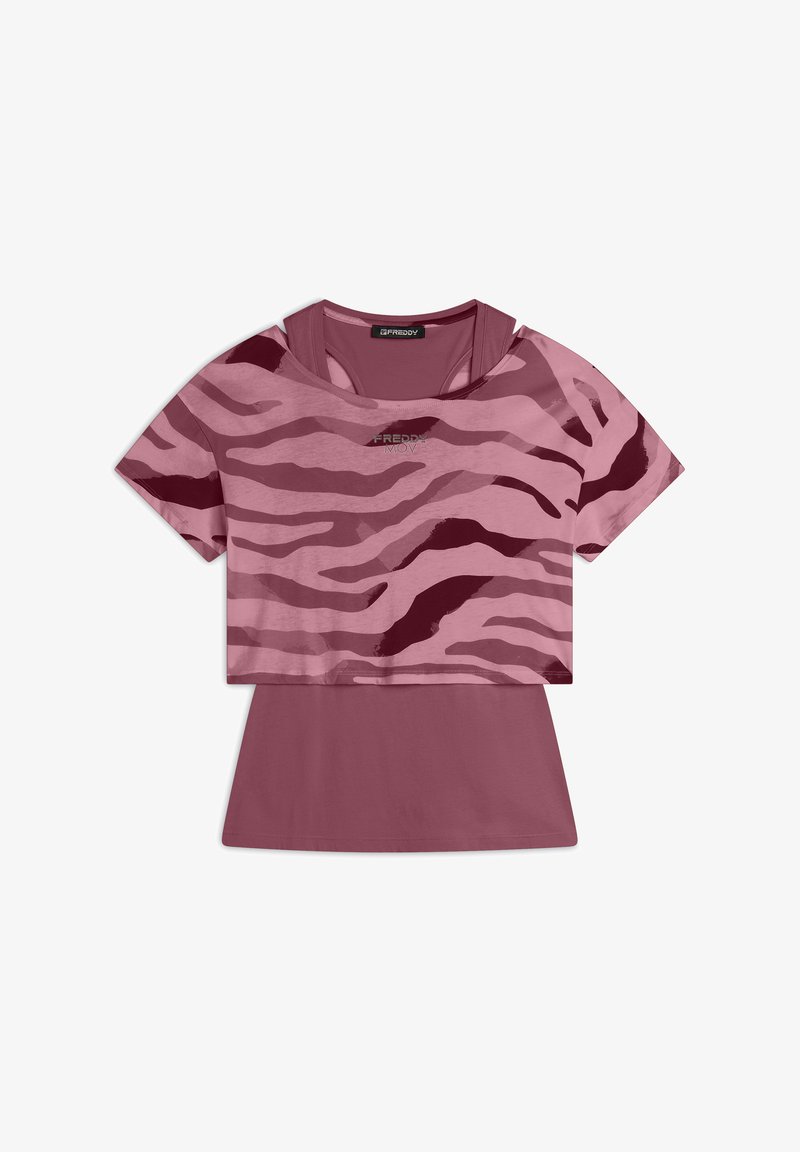 T-shirt accorciato bicolore con motivo a strisce di tigre rosa e borgogna. Materiale in misto cotone, maniche corte e scollatura tonda.