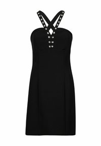 Schwarzes Kleid mit figurbetontem Oberteil, Kreuzträgern und Verzierungen aus silbernen Nieten entlang der Mitte. Glatter Stoff und gerade Silhouette.