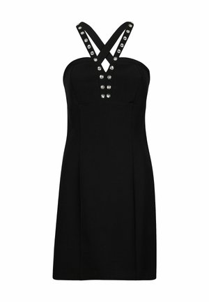 Abito nero con corsetto aderente, spalline incrociate e decorazioni di borchie argento lungo il centro. Tessuto morbido e silhouette dritta.