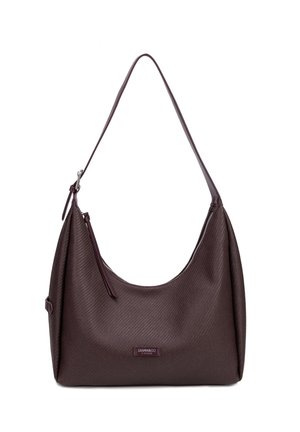 Borsa a tracolla in pelle marrone scuro con trama, con tracolla lunga e chiusura con cerniera, etichettata "DIANA&CO FIRENZE."