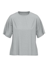 T-shirt grigio a maniche corte in cotone, con scollatura rotonda e vestibilità rilassata con spalle leggermente scese.