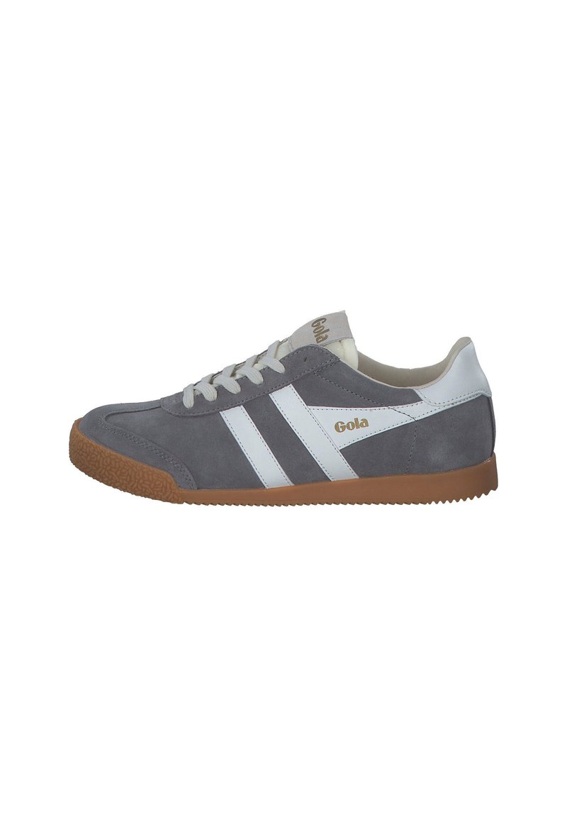 Graue Wildleder-Sneaker mit weißen synthetischen Akzenten und Gummisohle. Verfügt über flache Schnürsenkel und ein Logo an der Seite. Klassisches sportliches Design.