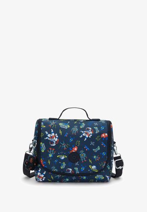 Borsa a spalla blu scuro con stampe a tema spaziale che includono astronauti, robot, razzi e pianeti, con un portachiavi in peluche nero.