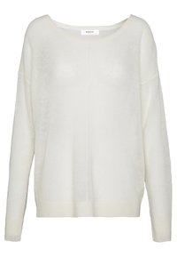 Leichter, locker sitzender cremefarbener Pullover mit weitem Ausschnitt, langen Ärmeln und einer weichen, leicht transparenten Textur.