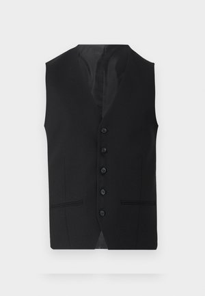 Svart vest med en glatt tekstur, med seks knapper, to sidelommer og en V-halsdesign. Uten ermer og med en ren silhuett.