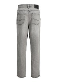 Jeans in denim grigio con taglio dritto, dotati di due tasche posteriori, cuciture a contrasto e una patch con logo sulla vita.