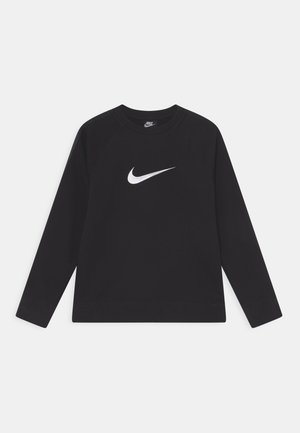 Schwarzes Langarm-Sweatshirt aus Baumwolle mit einem weißen Nike-Logo auf der Brust. Rippbündchen an den Ärmeln und am Saum sowie ein Rundhalsausschnitt.