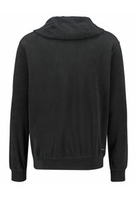 Schwarzer Fleece-Hoodie mit weicher Textur, Zugkordelkapuze, langen Ärmeln und gerippten Bündchen und Saum. Verfügt über ein sauberes, minimalistisches Design.