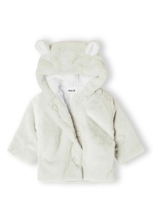 Veste bébé douce gris clair avec capuche, oreilles d'ours, manches longues, boutons sur le devant et doublure blanche à pois. Étiquette de la marque "minoti" visible à l'intérieur.