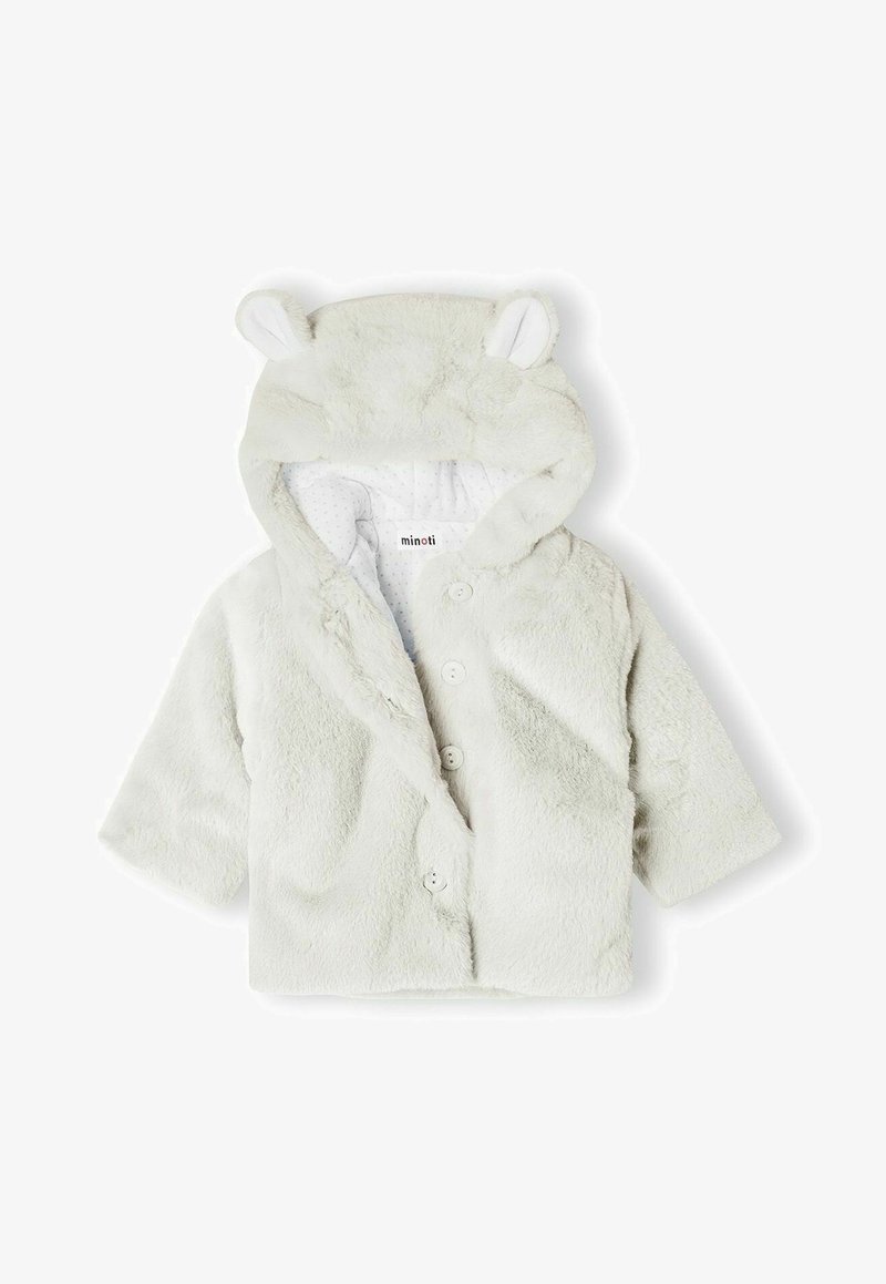 Veste bébé douce gris clair avec capuche, oreilles d'ours, manches longues, boutons sur le devant et doublure blanche à pois. Étiquette de la marque "minoti" visible à l'intérieur.