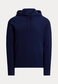 Granatowa bluza z kapturem z długim rękawem, ze sznurkami, ściągaczami i teksturowanym wzorem tkaniny.