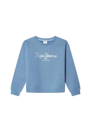 Lichtblauwe sweater met ronde hals en lange mouwen, met het "Pepe Jeans London"-logo in het wit gedrukt op de voorkant.