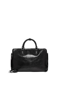 Sac en cuir noir au design rectangulaire élégant. Il dispose de deux poignées supérieures, d'une bandoulière amovible et d'accents en métal argenté.