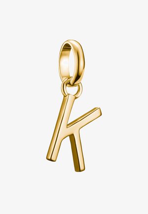 Goldanhänger in Form des Buchstabens "K." Glatte Oberfläche mit polierter Beschichtung und rundem Loop zur Befestigung. Schlankes und modernes Design.
