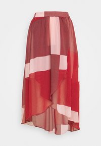 Jupe rouge et rose à motifs avec un ourlet asymétrique, une taille élastique et un tissu léger à texture travaillée.