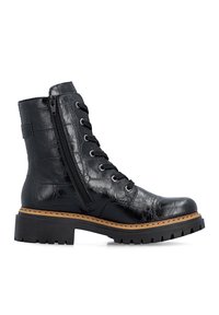Bottine noire en cuir texturé à lacets avec fermeture éclair latérale, semelle épaisse crantée et détail de trépointe marron, présentée de profil sur fond blanc.