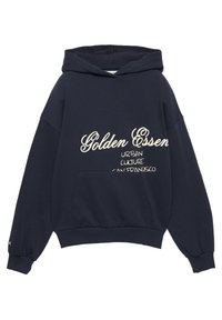 Sweat à capuche bleu marine foncé avec texte blanc en écriture manuscrite « Golden Essen » et texte plus petit « Urban Culture San Francisco » à l’avant, avec une poche frontale.