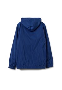 Marineblaue, leichte Jacke mit Kapuze, elastischen Bündchen, gerafftem Saum und glattem, wasserabweisendem Material. Keine sichtbaren Verschlüsse oder Logos.