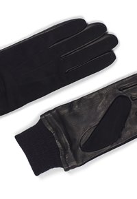 Gants en cuir noir avec une texture semblable à du daim, un poignet en tricot côtelé et des coutures ajustées pour un maintien parfait, conçus pour la chaleur et le confort.
