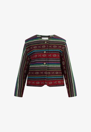 Mitmekesine kootud jakk, millel on marooni värvi alus ja horisontaalsed triibud sinise, rohelise ja kreemja värviga, kinnitatud puidulaadsete nuppudega.