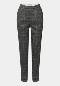 Szare, wysokowalne spodnie zwężane z czarno-białym wzorem w kratę i detalem z fałdą z przodu.