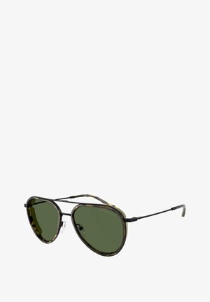 Occhiali da sole aviator con montatura in tartaruga. Lenti verde scuro. Sottile metallo per i dettagli e naselli. Design leggero con una finitura elegante.