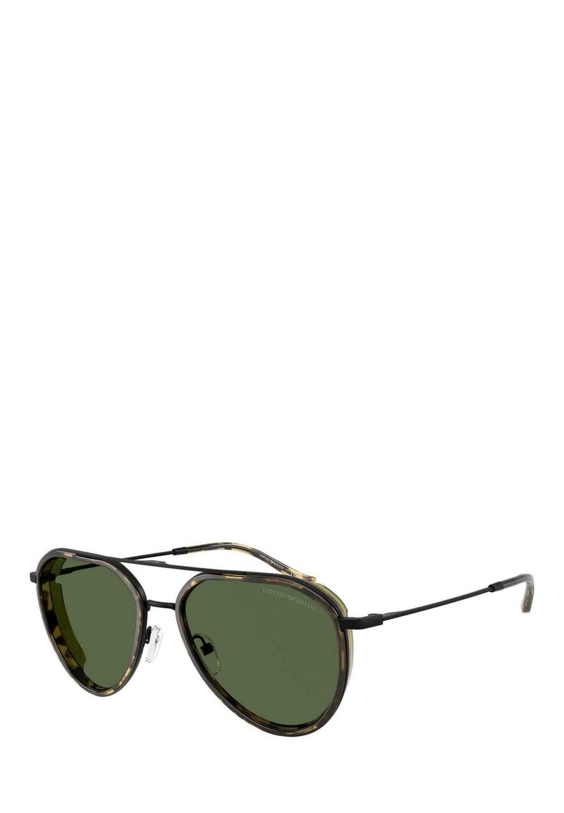 Occhiali da sole aviator con montatura in tartaruga. Lenti verde scuro. Sottile metallo per i dettagli e naselli. Design leggero con una finitura elegante.