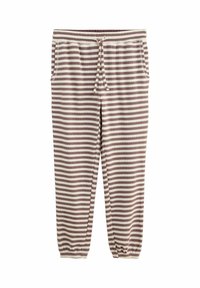 Stribede joggerbukser i mauve og creme. Blødt ribbet stof, elastisk talje med snoretræk og elastiske manchetter ved anklerne. Har sidelommer.