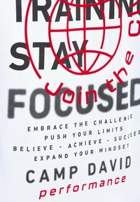 White fabric with black and red text. Features motivational phrases, globe graphic, and brand name "CAMP DAVID" in bold lettering.