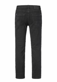 Jean noir droit avec deux poches arrière, passants pour ceinture et coutures visibles, vu de dos sur un fond blanc.