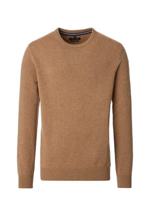 Brauner Strickpullover mit rundem Halsausschnitt, langen Ärmeln und gerippten Bündchen und Saum. Hat eine glatte Textur und ein dezentes Muster.