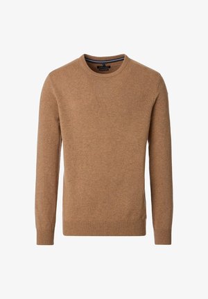Brauner Strickpullover mit rundem Halsausschnitt, langen Ärmeln und gerippten Bündchen und Saum. Hat eine glatte Textur und ein dezentes Muster.