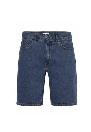Shorts en denim de couleur bleu foncé avec une finition légèrement délavée. Comprend cinq poches, un zip, et des passants de ceinture. Coupe droite classique.