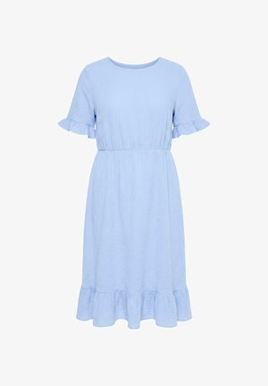 Lichtblauwe jurk tot op de knie met korte ruches mouwen, een geplooide taille en ruches aan de zoom, gemaakt van gestructureerde stof.