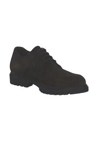 Scarpe in suede marrone scuro con lacci, punta tonda, superficie texturizzata e una spessa suola in gomma nera con un motivo di battistrada.