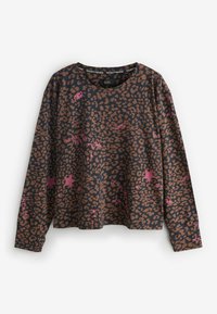 Maglia a maniche lunghe blu scuro con stampa leopardata marrone. Presenta dettagli grafici rosa, scollo rotondo e vestibilità comoda.