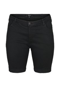 Pantalones cortos de mezclilla negra con un diseño ajustado, que presentan un estilo clásico de cinco bolsillos, cierre con botón y una textura suave y ligeramente elástica.