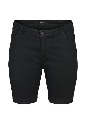 Black denim shorts with a fitted design, featuring a classic five-pocket style, button closure, and a smooth, slightly stretchy texture.