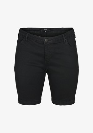 Črne jeanske kratke hlače z oprijeto zasnovo, ki imajo klasičen petPocket stil, zapiranje na gumb in gladko, rahlo raztegljivo teksturo.
