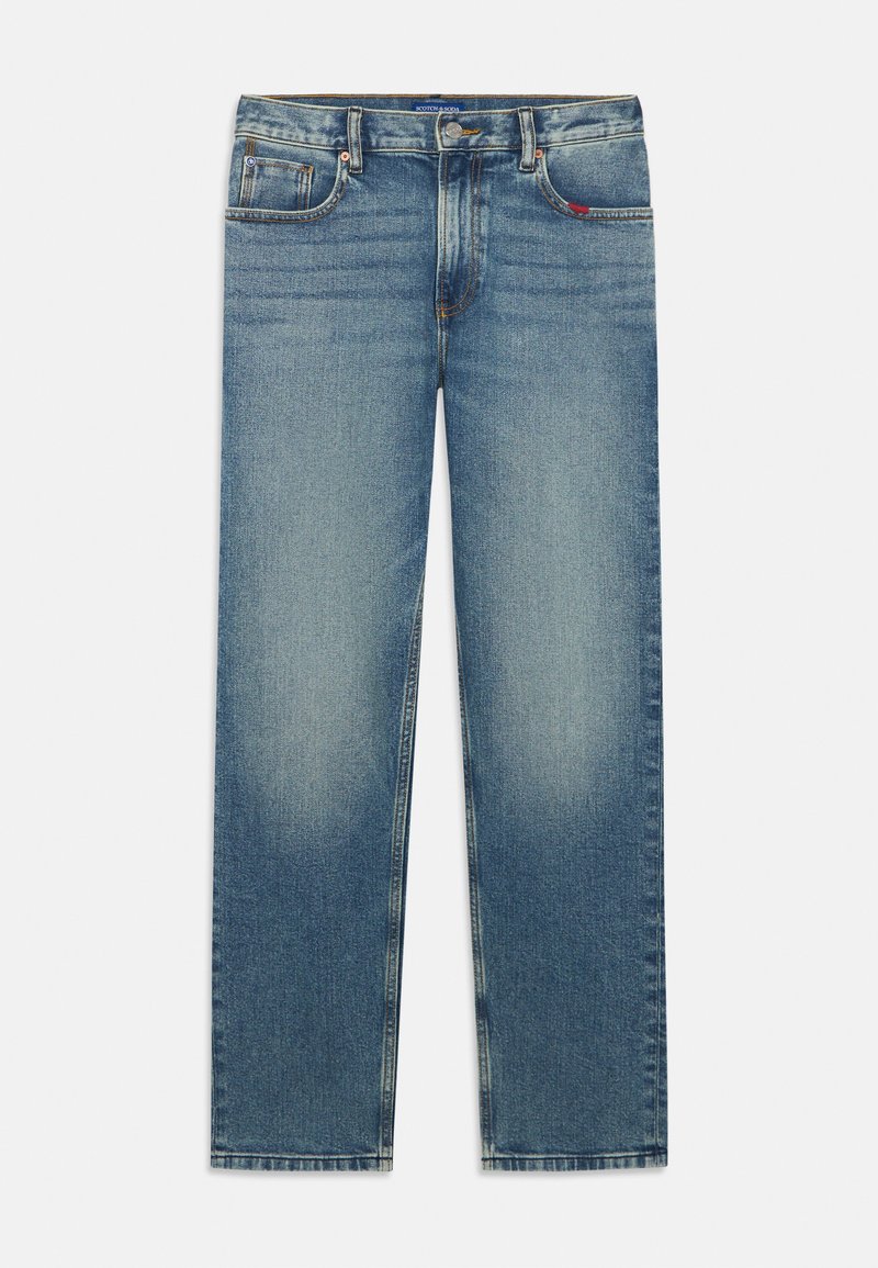 Jeans in denim azzurro chiaro con un design a gamba dritta, caratterizzati da uno stile classico a cinque tasche, lieve scolorimento e cuciture a contrasto.