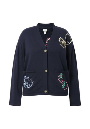 Mørkeblå cardigan med v-udskæring, frontknapper og to lommer, prydet med farverig frugtbroderi og en blød stofstruktur.