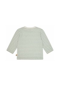 Langärmliges Shirt aus weichem Stoff mit hellgrünen und weißen horizontalen Streifen, einem runden Ausschnitt und einem Etikett an der Seite.