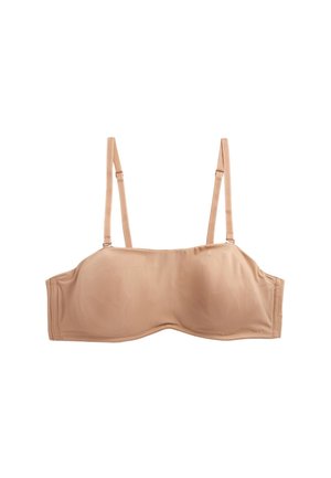 Sutien fără bretele, de culoarea pielii, cu bretele subțiri detașabile și ajustabile, material neted și cu susținere cu arc, pe fundal alb.