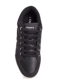 Schwarze Sneakers aus einer Mischung von strukturiertem Leder und Stoff, mit Schnürdesign, kontrastierenden Nähten und einer Gummisohle.