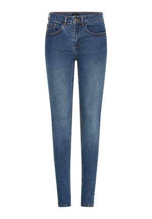 Schlanke Jeans aus dunkelblauem Denim, mit mittelhohem Bund, fünf Taschen und kontrastierenden Nähten. Glatte Textur mit leichtem Stretch.